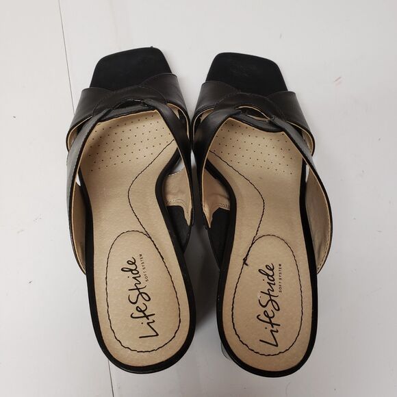 Life Stride Soft System Open Toe Leather Block Heel Black Sandals Sz 10 M PO Exc - Picture 13 of 13